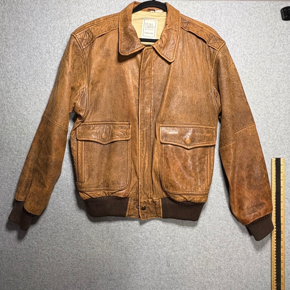 Vintage Henri Savard Distressed Brown Leather Bomber Jacket Mens Medium Grodins